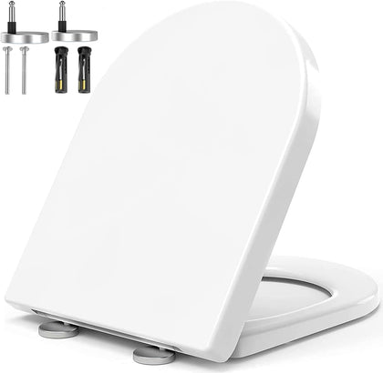 MUJIUSHI Soft Close Toilet Seat, Toilet Seats with Quick Release, Simple Top Fixing, Sturdy Anti-Bacterial Toilet Seats with Stainless Adjustable Stainless Hinges, D/U Shape White Toilet Lid Loo Seat