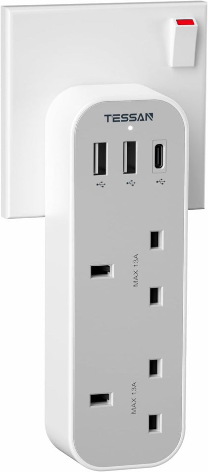 TESSAN Multi Plug Extension with 3 USB, Double Plug Adaptor Multi Plug Extension, 2 Way Double Plug with USB C Fast Charger Plug, Slim Multiple Plug Socket AE for Kitchen, Office, School Supplies