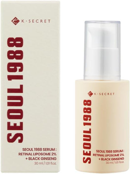 KSECRET SEOUL 1988 Serum : Retinal Liposome 2% + Black Ginseng, 30ml/1.01fl.oz | 58% Black Ginseng Extract with Retinal, Bakuchiol, Vitamin C & 3 Peptides for Wrinkle Care | Korean Skincare |
