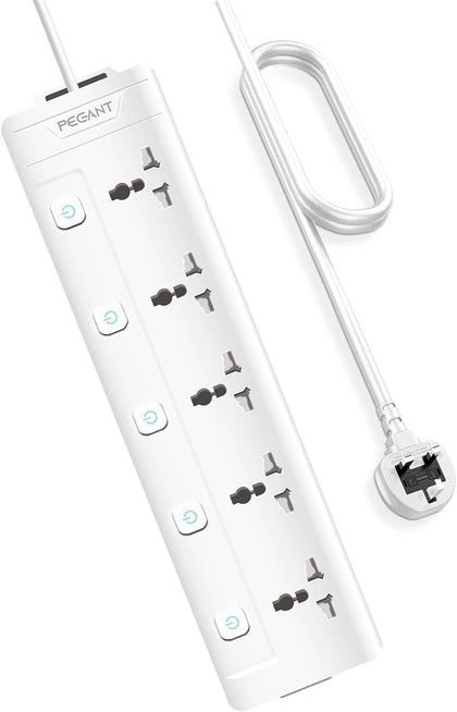 PEGANT 5 Way 5M Power Extension Cord 5 Universal Outlets Electrical Strip UK Plug 5 Meters Cable 250V 2500W Surge Protector (5 Way 5M)