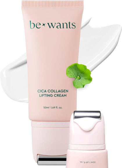 BE+WANTS Bewants Neck Lifting & Firming Cream with Centella Asiatica | Vegan Hyaluronic Acid | Neck Firming Cream Tightening Lifting Sagging Skin with Gua Sha Roller | Korean Skincare | 1.7 fl oz