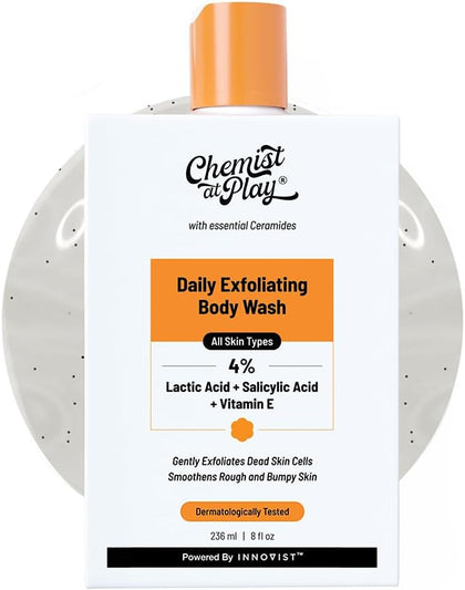 Chemist at Play Exfoliating Body Wash with Ceramides | 2% Lactic Acid + 2% Zemea + 0.5% Vitamin E | For rough, bumpy skin. Gently exfoliates and makes the skin smooth | 236 ml