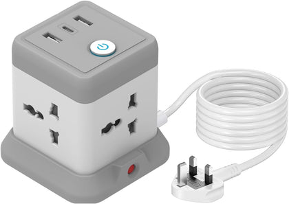 Tycom Power Strip Surge Protector with USB + Type C, Extension Cord Flat Plug with Widely 4 AC Outlet and 2 USB 1 Type C, Small Desktop Station, Compact Socket for Multi Places - Grey and White.