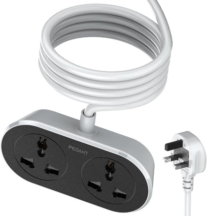 PEGANT 2 Way 5 Meters, 2 Universal Outlets Power Extension Cord, 5M Dual Socket Cable Extender, 2500W 2 Plugs Electric Wire for Desk, Table, Floor, Office, Car (2-way 5M)
