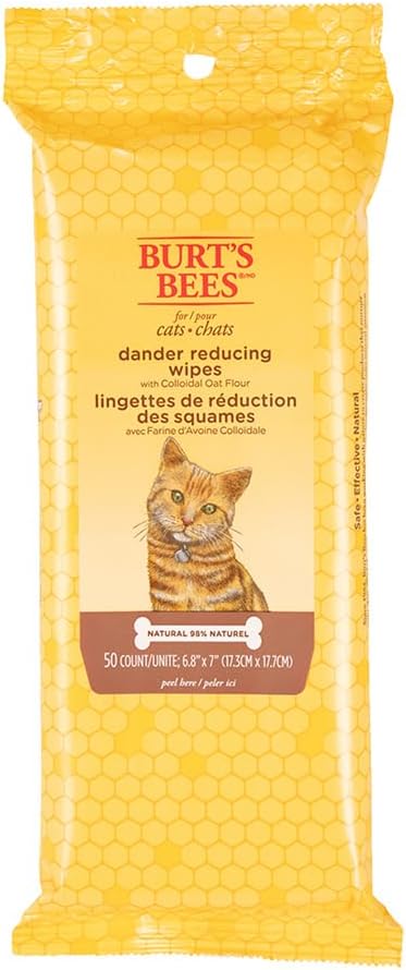Burt's Bees for Pets Cat Naturally Derived Dander Reducing Wipes - Kitten and Cat Wipes for Grooming, 50 Count - Cruelty Free, Formulated without Sulfates and Parabens, Made in the USA