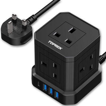 TOPREK Cube Extension Lead with USB Slots, 5 Way Power Strip with 5 AC Outlet 4 USB (20W PD3.0 Fast Charger) 1 Switch, 2M Extension Cord, 3250W/13A, UK Power Strip for Desk Home Office Travel
