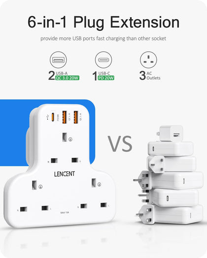 LENCENT Multi Plug Extension, 3 Way 3 Plugs Socket adapter, 6-in-1 Cube Electrical Extender Outlet Adaptor, PD&QC 3.0 20W USB Wall Charger, Plug Expander for Home, Office, Kitchen, 13A 3250W