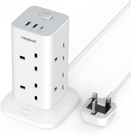 TESSAN Tower Extension Lead with USB C Slots, 8 Way Multi Plug Extension Sockets 2M Cord, Surge Protected Extension Lead with Switch, Multi Extension Plug Tower Power Strip for Home, School Supplies