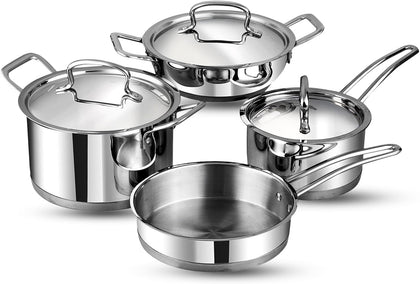 Classic Deluxe Stainless Steel Cookware Combo Set, 7Pcs |Saucepan(16cm/2.1 Litre)with Lid, Saucepot(20 cm/3.8 L), Kadai with Lid(20cm/1.8 L) & Frypan(20cm)|SAS Bottom|Induction&GasStoveFriendly