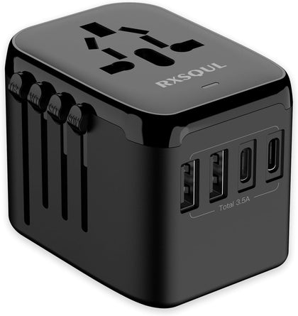 RXSQUL Universal International Power Travel Plug Adapter, 5 in 1 European Travel Plug Adapter W/ 3.5A 2xUSB-A And 2xUSB C Wall Charger and Worldwide AC Outlet for Europe USA UK AUS Asia-Black
