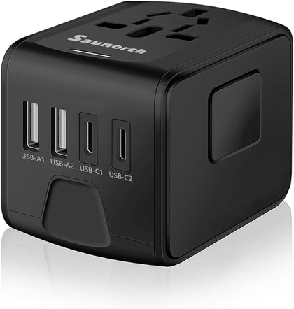 SAUNORCH Universal International Power Travel Plug Adapter, 5 in 1 European Travel Plug Adapter W/ 3.5A 2xUSB-A and 2xUSB C Wall Charger and Worldwide AC Outlet for Europe USA UK AUS Asia