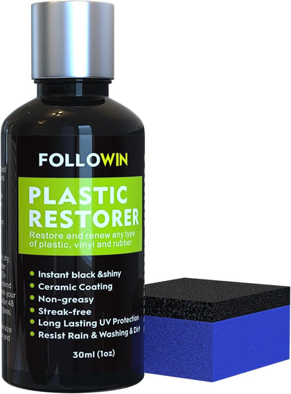 FOLLOWIN Plastic Restorer for Cars Ceramic Plastic Coating Trim Restore, Resists Water, UV Rays, Dirt, Ceramic Coating, Not Dressing, Last Over 200 Washes, Highly Concentrated, 30ml
