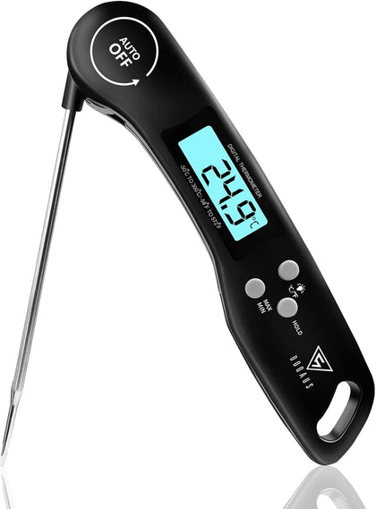 Digital Meat Thermometer, Instant Read Food Thermometer with Backlight LCD Screen, Foldable Long Probe & Auto On/Off, Meat Thermometer Probe for Kitchen, BBQ, Water, Milk, Cooking Food (Black)
