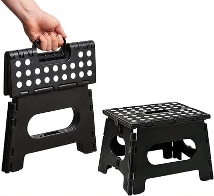 AMERTEER Folding Step Stool For Kids | Stepping Stool | 11 Inches Wide And 8 Inches Tall Foldable Step Stool Holds Up To 300 Lbs | Plastic Collapsible Step Stool For Bathroom, Garden & Kitchen (Black)