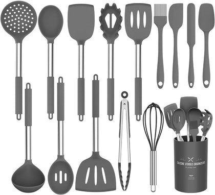 Kitchen Utensils Set 15 Pieces Silicone Heat Resistant Non-Stick BPA Free Stainless Steel Handle Spatula Spoon Tongs Whisk Cookware