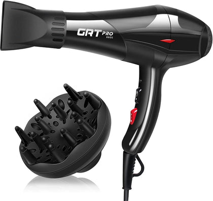 GRT PRO Professional Hair Dryer 3500W Ionic Hairdryer AC Motor Blue Light Anion with 1 Diffuser & 2 Nozzles Accessories, Overheating Protection 2 Speeds 3 Heat Settings for Women Men Home Salon