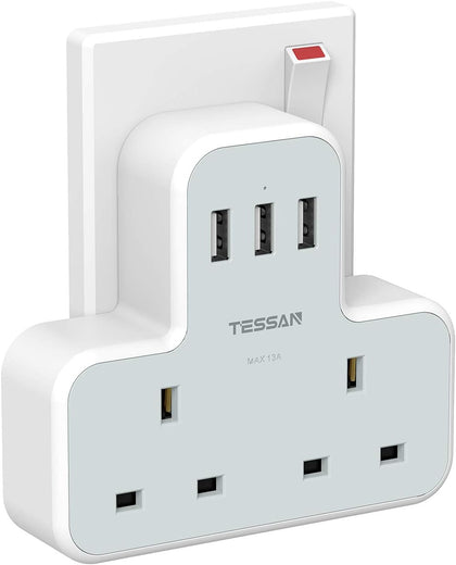 Double Plug Adaptor with 3 USB, TESSAN 2 Way Plugs Extension Multi Sockets Wall Charger Adapter, 13A UK 3 Pin Power Socket for Home, Office, Kitchen, PC