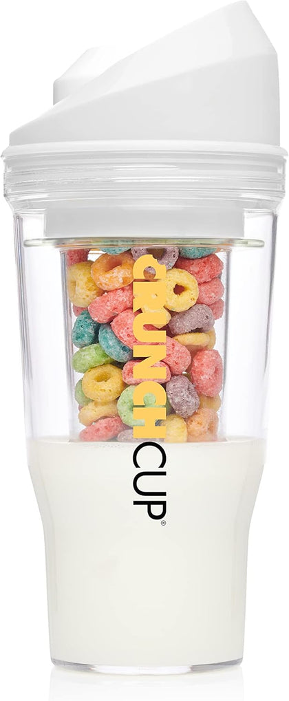 CRUNCHCUP XL White - Portable Plastic Cereal Cups for Breakfast On the Go, To Go Cereal and Milk Container for your favorite Breakfast Cereals, No Spoon or Bowl Required