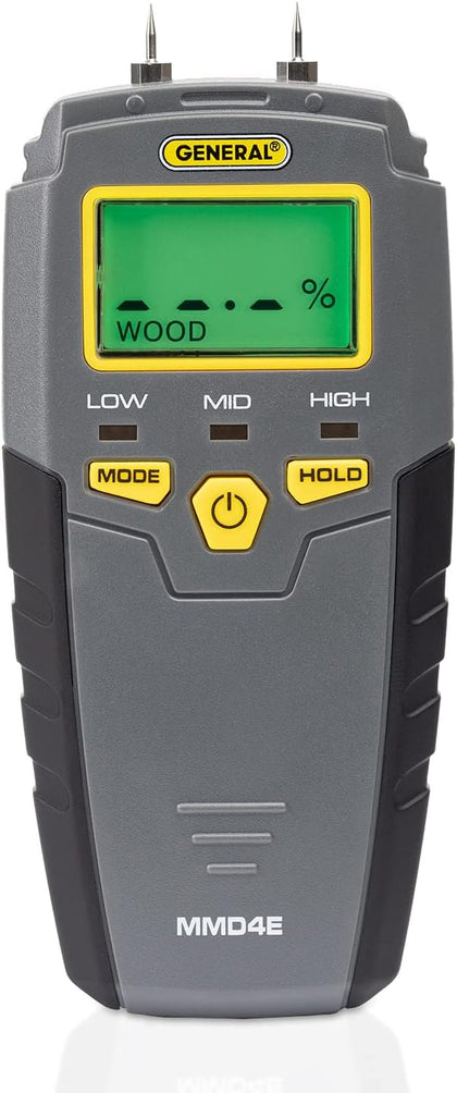 General Tools Mmd4E Digital Moisture Meter, Water Leak Detector, Moisture Tester, Pin Type, Backlit Lcd Display With Audible And Visual High-Medium-Low Moisture Content Alerts, Grays
