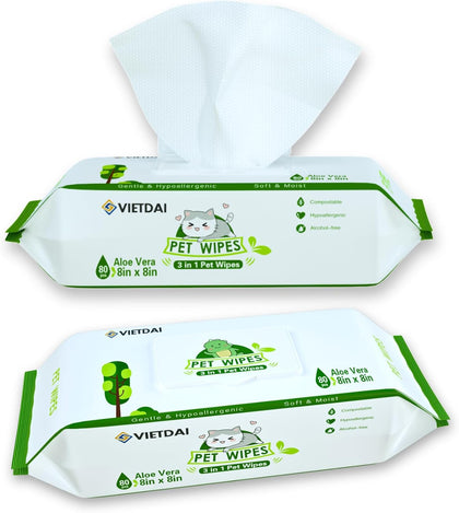 VIETDAI Pet Wipes for Dogs and Cats Cleaning Deodorizing, 160 Pcs Dog Wipes Hypoallergenic Grooming Bath, Cat Wet Wipes for Paws Eyes Ears Face Body Fur Puppy Wipes - Unscented
