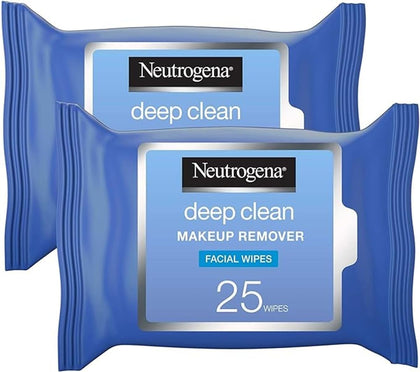 Neutrogena Deep Clean Makeup Remover, Pack of 2x25 Wipes, Oil-Free Formula Infused with a Light Cleansing Lotion for Extra Skin Care, Removes all types makeup, even waterproof mascara