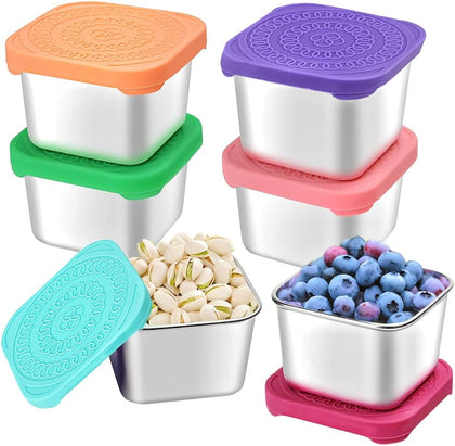 HTEVW - 6 Pack 6 oz Stainless Steel Kids Containers Easy Open Leakproof Metal Snack Containers with Silicone Lids, Stackable Lunch Box