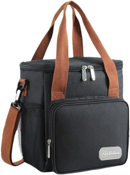 Lullaxx Lunch Bag Reusable Lunch Box Bag Insulated Large Cooler Lunch Tote Bag for Adult,Men,Women, Double Deck Cooler Handbags for Office/Picnic/Fishing/School-22 * 15 * 25cm-Black