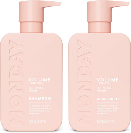 MONDAY HAIRCARE Volume Shampoo + Conditioner Set (2 Pack) 12oz Each for Thin, Fine, and Oily Hair, Made from Coconut Oil, Ginger Extract, and Vitamin E, 100% Recyclable Bottles Pink