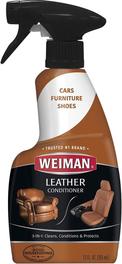 Weiman Leather Cleaner and Conditioner for Furniture - Cleans Conditions and Restores Leather Surfaces - UV Protectants Help Prevent Cracking or Fading of Car Seats, Shoes, Purses, 12 oz (355ml)