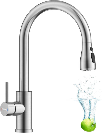 DAYONE Kitchen Faucet Mixer with Pull Down Sprayer Brushed Nickel, Kitchen Tap with 3 Water Modes for Sink, Single Handle High Arc Kitchen Faucets Stainless Steel