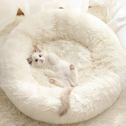 Gavenia Cat Beds for Indoor Cats -20’’x20’’ Washable Donut Cat and Dog Bed,Soft Plush Pet Cushion，Waterproof Bottom - Fluffy Dog and Cat Calming & Self-Warming Bed for and Sleep Improvement (Beige)