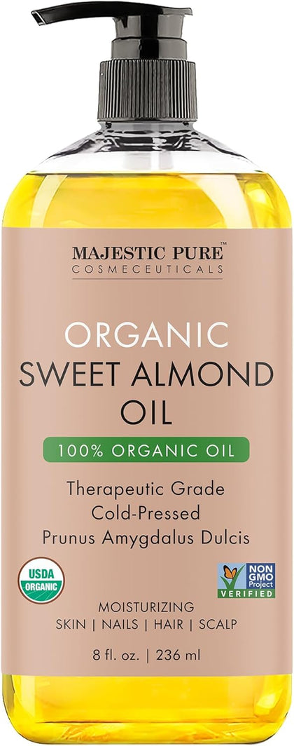 Majestic Pure USDA Organic Sweet Almond Body Oil | Large 236 ml | 100% Pure & Natural Cold Pressed Oil Sweet Almond Oil for Skin, Face, Nails, Hair, Scalp & Massage | 236 ml