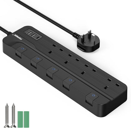 TOPREK 4 Plug Extension Lead with Ultra Wide Pitch Socket, Individual Switches Lights with 2 USB-A, 1 USB-C, 13A/3250W Overload Protection Extension Cable with USB Ports, 2M Extension Cord