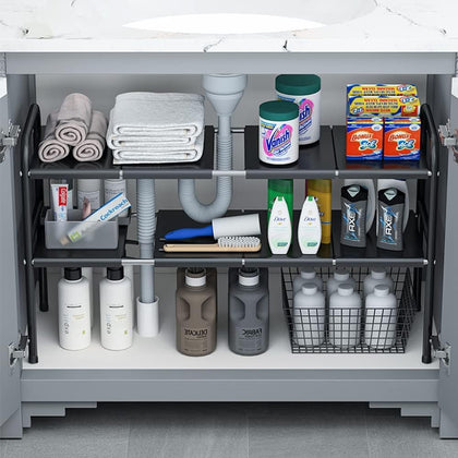 Angju Under Sink Kitchen Rack Expandable Cabinet Shelf Organizer Rack with Removable Panels for Kitchen Bathroom Storage
