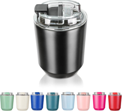 Insulated Tumblers with Lid, 10 oz Travel Coffee Mug Stainless Steel Vacuum Thermos Cup, 10/14 oz Leak Proof Reusable Double Walled Coffee Tumbler for Iced and Hot Drinks,Black (CM003)
