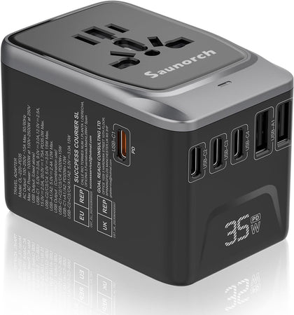 SAUNORCH Universal Travel Adapter, PD 35W 7 in 1 International Power Plug Adapter with 7.0A 4 USB-C and 2 USB-A Fast Wall Charger, Worldwide AC Outlet for US Europe UK AUS (Black+Silve