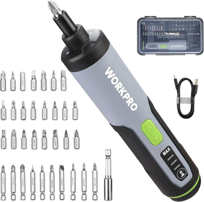 WORKPRO 3.6V Electric Screwdriver, Rechargeable Cordless Screwdriver Set with 35 Bits, Extension Rod, USB Charging Cable in Carrying Case, LED Light, Black Gray
