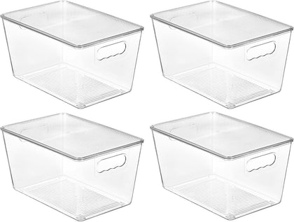 Vtopmart 4 Pack Clear Stackable Storage Bins with Lids, Plastic Organizer Boxes with Handle for Pantry, Perfect for Kitchen, Fridge, Cabinet, Closet, Bathroom Organization, Large