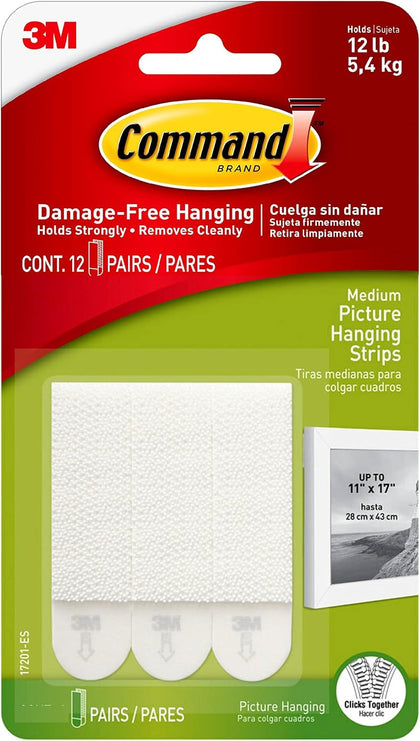 Command Picture Medium Hanging Strips Value pack | 5.4 kg whole pack| White color | Organize | Decoration | No Tools | Holds Strongly | Damage-Free Hanging | 12 pairs/pack