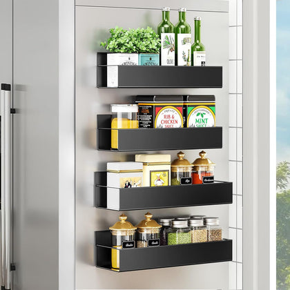 Sleclean Magnetic Spice Rack for Refrigerator, 4 pack, Spice Rack Organizer for Refrigerator and Microwave Oven, Multi Use Kitchen Magnetic Shelf, Black