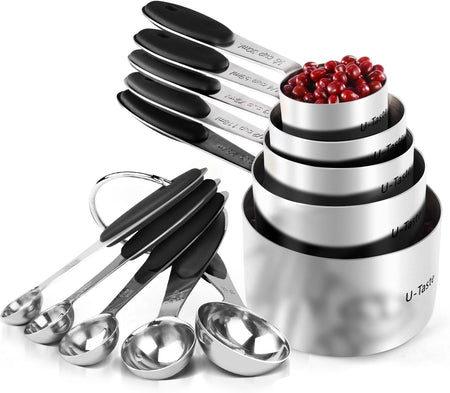 18/8 Stainless Steel Measuring Cups and Spoons Set of 10, Upgraded Thickness Handle (Black)