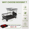 Boosiny 2 Tier Dish Drying Rack, Dish Drying Stand for Counter Kitchen Rack, Stainless Steel Dish Rack with Swivel Drainage Spout, Utensil Holder, Cup Holder, Cutting-Board Holder and Drying Mat