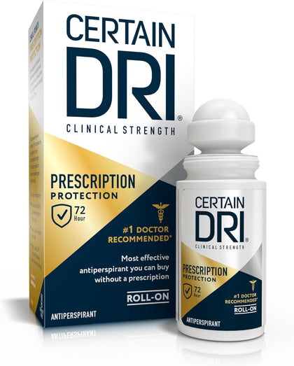 Certain Dri Prescription Strength Clinical Antiperspirant - Doctor Recommended Hyperhidrosis Treatment - 72 Hour Protection from Excessive Sweating - Roll-On - 1.2 Fl Oz - Pack of 1