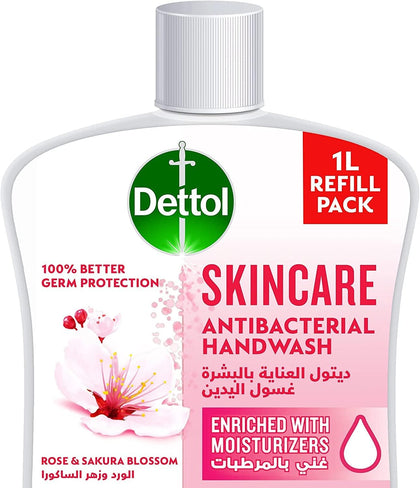 Dettol Skincare Liquid Handwash Refill, Rose & Sakura Blossom Scent, 1L x 2