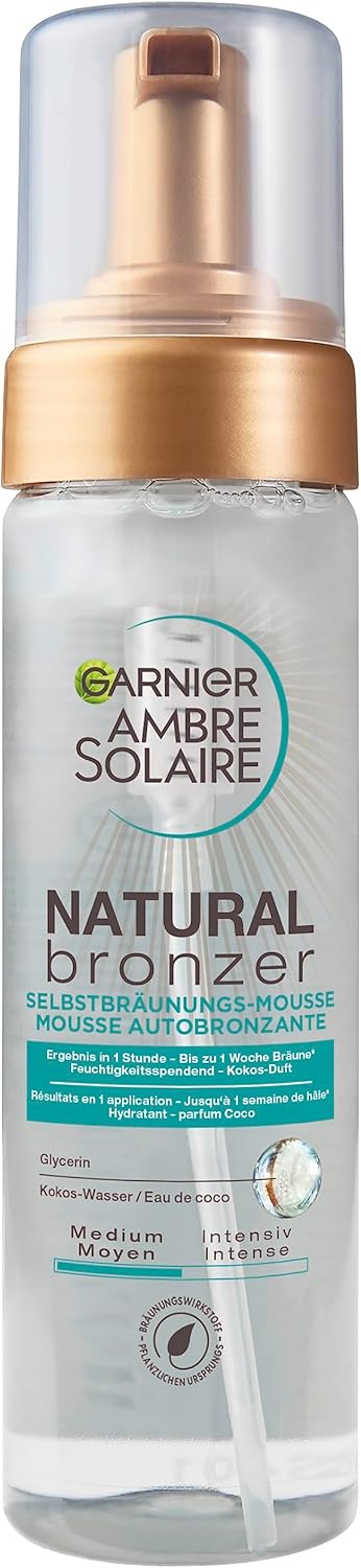 Garnier Ambre Solaire Natural Bronzer Self-Tanning Mousse, Natural & Streak Free Tan, Stain-Free, Fast Absorbent, Vegan, 200 ml - For Long-Lasting Summer Tan
