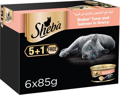 Sheba Cat Food Tuna & Salmon Can, Made from Natural Ingredients with Essential Vitamins and Minerals, this Sheba Wet Food is Made with a Grain Free Formula Suitable for Sensitive Cats, Pack of 6x85g