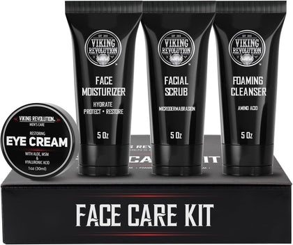 Viking Revolution - Mens Skin Care Kit - Mens Facial Care Kit - Includes (148ml Each) Rejuvenating Face Moisturiser, Microdermabrasion Facial Scrub, Foaming Cleanser & Eye Cream (30ml) - Gifts For Men