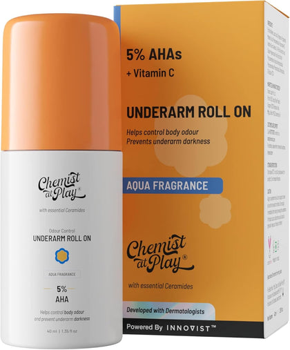 Chemist at Play UnderArm Roll-On with 5% AHA| Lactic & Mandelic Acid|Prevents Odour, Brightens Skin & Exfoliates Underarm | For Sensitive Skin | Aqua Fragrance | Alcohol & Aluminium Free | 40ml