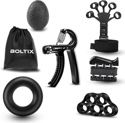 BOLTIX Grip Strength Trainer Kit (6 Pack) with Finger Exerciser, Hand Grip Strengthener, Hand Extension Exerciser, Stress Relief Ball and Forearm Workout Ring is Suitable for All ages