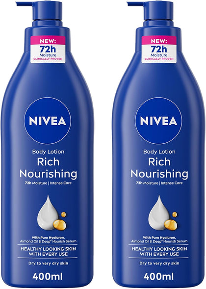 NIVEA Body Lotion for Dry to Very Dry Skin, Rich Nourishing, 5in1 Complete Care, 72H Intense Moisture, 2x400ml, Pack of 2